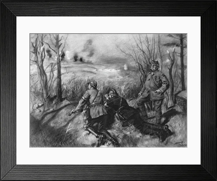 Framed Print : Devant Douamont; Le general B. et deux commandants, officiers de liaison, le tir de... 1916. Creator: Lucien Jonas Framed Print : Devant Douamont; Le general B. et deux commandants, officiers de liaison, le tir de... 1916. Creator: Lucien Jonas