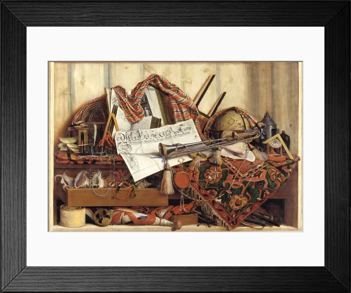 Framed Print : Trompe l'Oeil with Trumpet, Celestial Globe and Proclamation by Frederik III, 1670. Creator: Gijsbrechts, Cornelis Norbertus (before 1657-after 1675) Framed Print : Trompe l'Oeil with Trumpet, Celestial Globe and Proclamation by Frederik III, 1670. Creator: Gijsbrechts, Cornelis Norbertus (before 1657-after 1675)