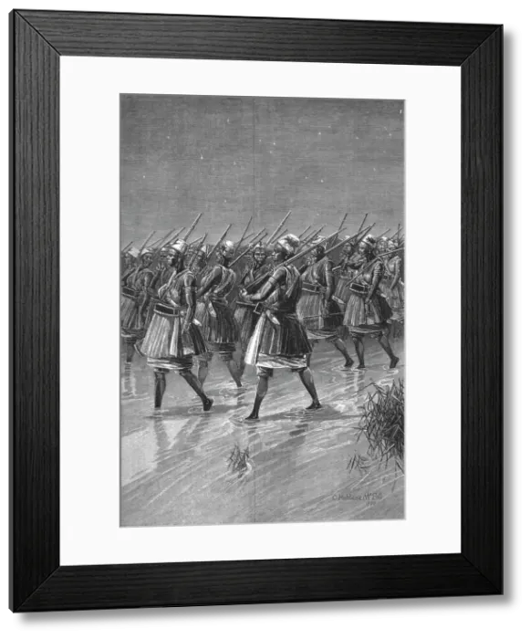 Framed Print : The French in Dahomey -- The King of Dahomey's Amazons crossing a swamp on the march, 1890. Creator: Unknown Framed Print : The French in Dahomey -- The King of Dahomey's Amazons crossing a swamp on the march, 1890. Creator: Unknown