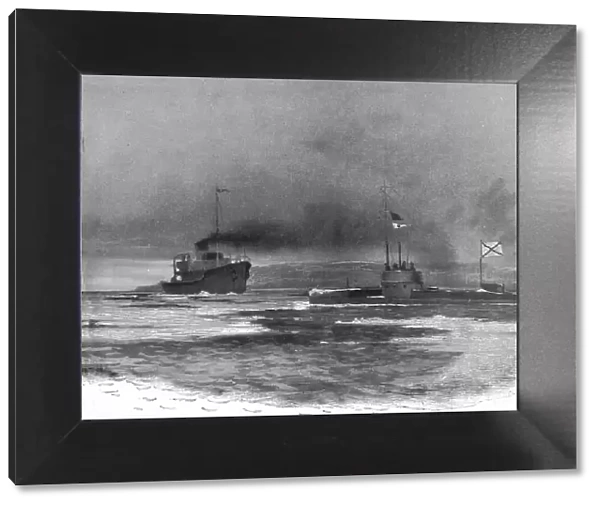 Un bateau brise-glaces ouvre un chenal devant un sous-marin russe a son retour de croisiere, c1915 Creator: Unknown