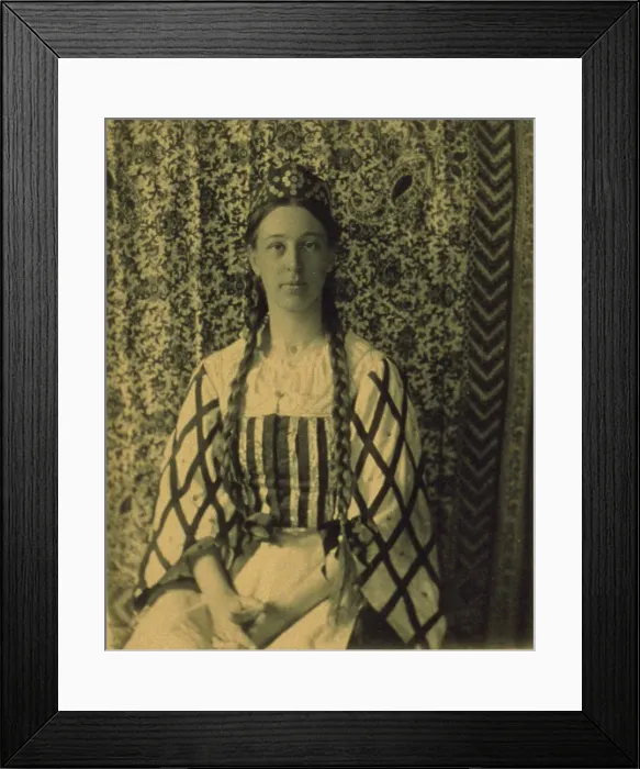 Framed Print : Portrait of a woman with braids in front of a paisley backdrop, c1900. Creator: Frances S. Allen Framed Print : Portrait of a woman with braids in front of a paisley backdrop, c1900. Creator: Frances S. Allen