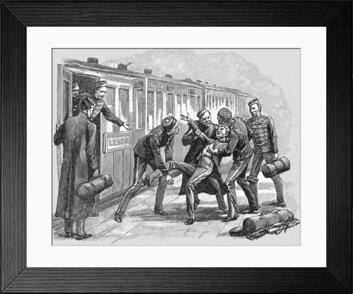 Framed Print : Studies of Life and Character at a Railway Station; Troopers on Furlough, 1890. Creator: Unknown Framed Print : Studies of Life and Character at a Railway Station; Troopers on Furlough, 1890. Creator: Unknown