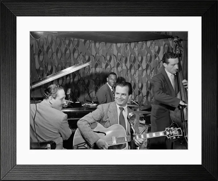 Framed Print : Portrait of Mike Bryan, Sanford Gold, Cozy Cole, and Jack Lesberg, Famous Door, N.Y. ca. Oct. 1947. Creator: William Paul Gottlieb Framed Print : Portrait of Mike Bryan, Sanford Gold, Cozy Cole, and Jack Lesberg, Famous Door, N.Y. ca. Oct. 1947. Creator: William Paul Gottlieb