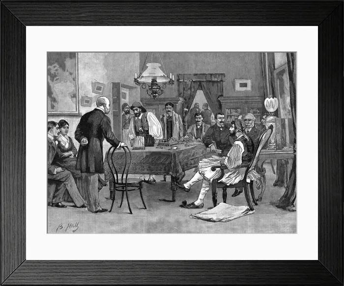 Framed Print : The late crisis in Greece - A reception at the house of M Delyannis before his fall, 1886. Creator: Unknown Framed Print : The late crisis in Greece - A reception at the house of M Delyannis before his fall, 1886. Creator: Unknown