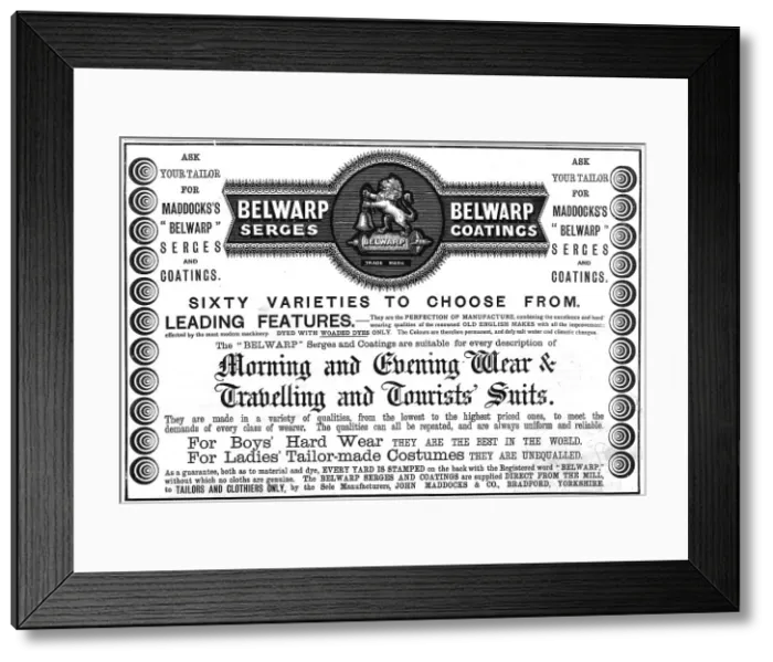 Framed Print : Maddocks Belwarp Serges and Coatings, 1890. Creator: Unknown. Maddocks Belwarp Serges and Coatings, 1890. Creator: Unknown Framed Print : Maddocks Belwarp Serges and Coatings, 1890. Creator: Unknown. Maddocks Belwarp Serges and Coatings, 1890. Creator: Unknown