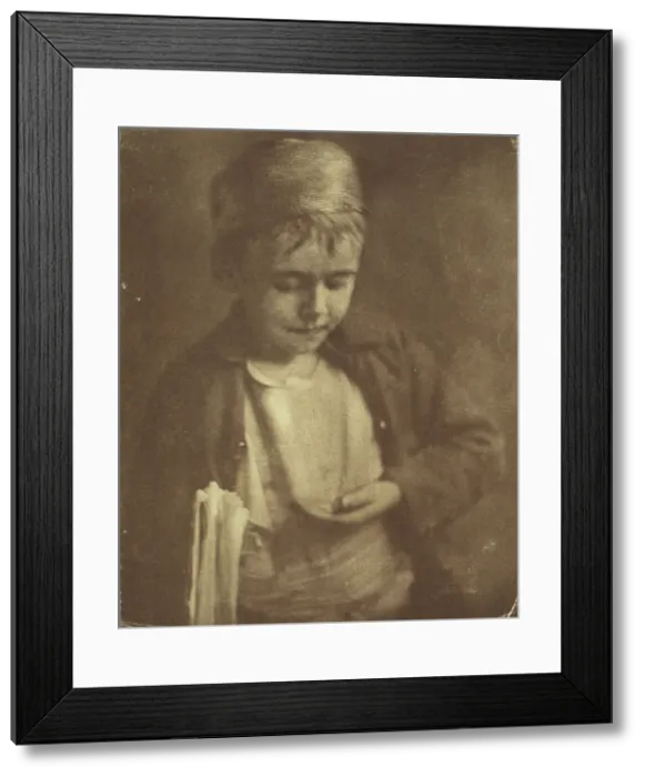 Framed Print : Newsboy looking at coins in his hand, half-length portrait, c1900. Creator: Elizabeth B. Brownell Framed Print : Newsboy looking at coins in his hand, half-length portrait, c1900. Creator: Elizabeth B. Brownell