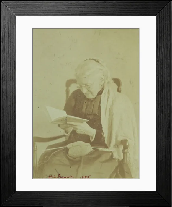 Framed Print : Elderly woman seated and reading a book with knitting in her lap, 1895. Creator: Horace L Bundy Framed Print : Elderly woman seated and reading a book with knitting in her lap, 1895. Creator: Horace L Bundy