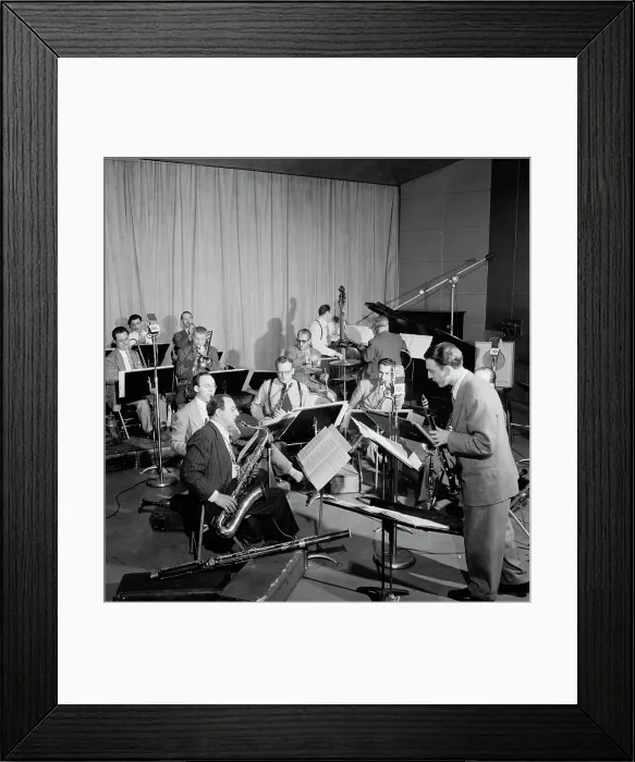 Framed Print : Portrait of Hank D'Amico, Spots Esposito, Bobby Hackett...Museum of Modern...ABC studio, N.Y. 1947. Creator: William Paul Gottlieb Framed Print : Portrait of Hank D'Amico, Spots Esposito, Bobby Hackett...Museum of Modern...ABC studio, N.Y. 1947. Creator: William Paul Gottlieb