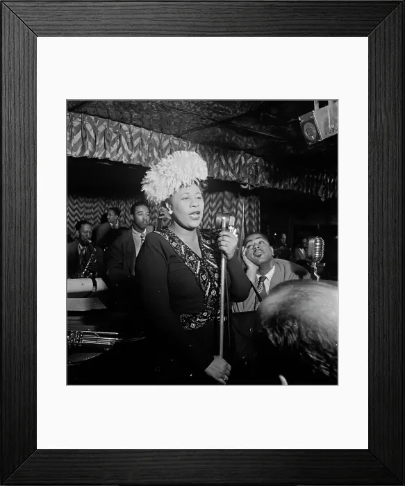 Framed Print : Portrait of Ella Fitzgerald, Dizzy Gillespie, Ray Brown, Milt Jackson... Downbeat, N.Y. 1947. Creator: William Paul Gottlieb Framed Print : Portrait of Ella Fitzgerald, Dizzy Gillespie, Ray Brown, Milt Jackson... Downbeat, N.Y. 1947. Creator: William Paul Gottlieb