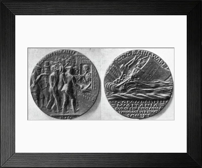 Framed Print : La medaille commemorative allemande du torpillage du Lusitania'. 7 mai 1915, 1915. Creator: Unknown. La medaille commemorative allemande du torpillage du Lusitania'. 7 mai 1915, 1915. Creator: Unknown Framed Print : La medaille commemorative allemande du torpillage du Lusitania'. 7 mai 1915, 1915. Creator: Unknown. La medaille commemorative allemande du torpillage du Lusitania'. 7 mai 1915, 1915. Creator: Unknown