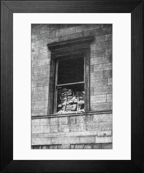 Framed Print : Dublin Apres L'Emeute; Une fenetre du Palais de Justice barricadee avec les livres de la... 1916. Creator: Unknown Framed Print : Dublin Apres L'Emeute; Une fenetre du Palais de Justice barricadee avec les livres de la... 1916. Creator: Unknown