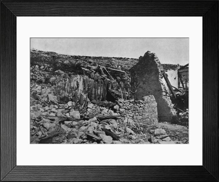 Framed Print : Sur le front Italien; Apres une action violente sur le Carso les ruines du village de Selz... 1916 Creator: Unknown