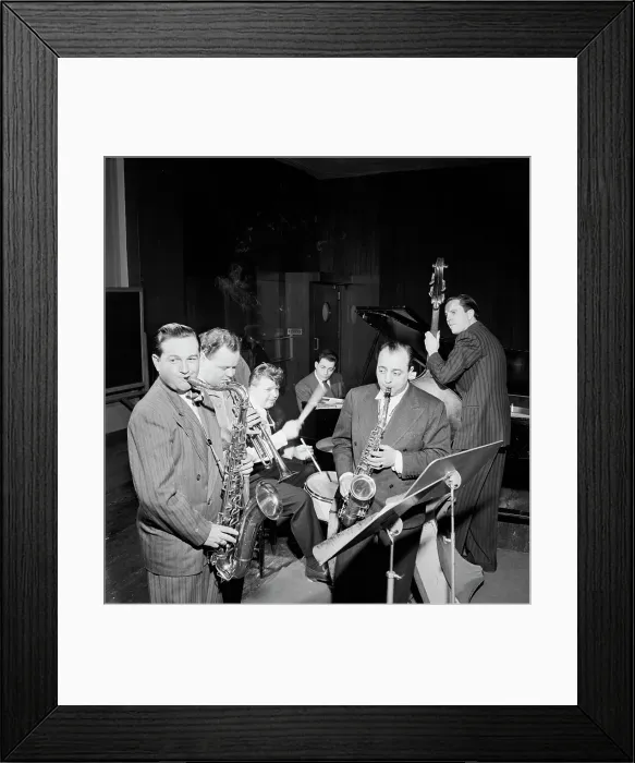Framed Print : Portrait of Art Drelinger, Billy Butterfield, Bunny Shawker, Stan... Columbia studio, N.Y. 1947. Creator: William Paul Gottlieb Framed Print : Portrait of Art Drelinger, Billy Butterfield, Bunny Shawker, Stan... Columbia studio, N.Y. 1947. Creator: William Paul Gottlieb