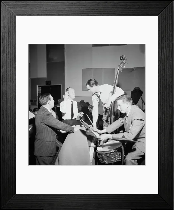 Framed Print : Portrait of Bob Haggart, Morey Feld, and Mack Shopnick, New York, N.Y.(?), ca. July 1947. Creator: William Paul Gottlieb
