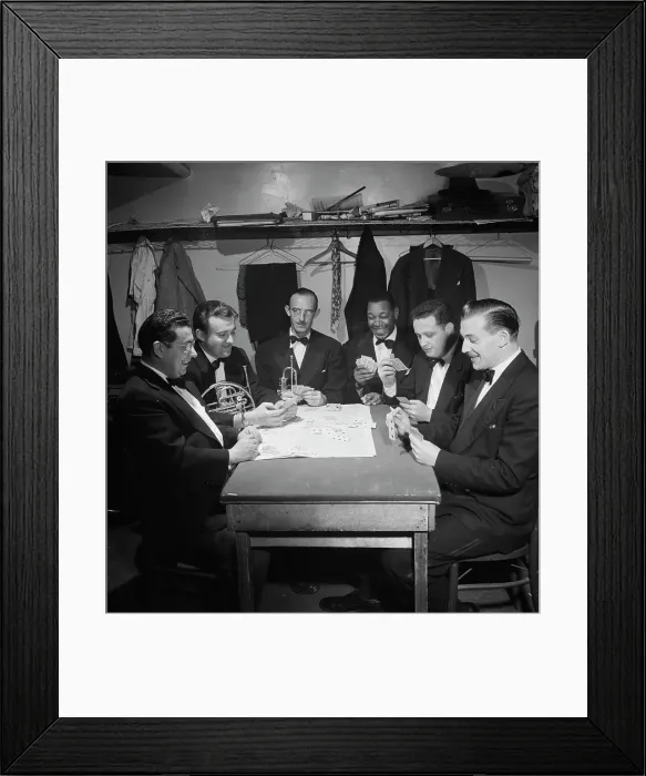 Framed Print : Portrait of Al Hall and with pit band, Broadway show, Barefoot Boy With Cheek'(?), N.Y. 1946. Creator: William Paul Gottlieb. Portrait of Al Hall and with pit band, Broadway show, Barefoot Boy With Cheek'(?), N.Y. 1946 Framed Print : Portrait of Al Hall and with pit band, Broadway show, Barefoot Boy With Cheek'(?), N.Y. 1946. Creator: William Paul Gottlieb. Portrait of Al Hall and with pit band, Broadway show, Barefoot Boy With Cheek'(?), N.Y. 1946