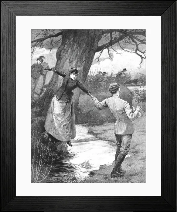 Framed Print : Divided Interests--'Twixt Love and Sport, an incident of a run with the Beagles, 1890. Creator: Edward Frederick Brewtnall Framed Print : Divided Interests--'Twixt Love and Sport, an incident of a run with the Beagles, 1890. Creator: Edward Frederick Brewtnall