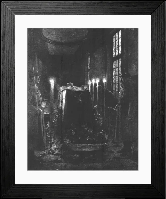 Framed Print : Le cercueil du general Gallieni aux Invalides; La veillee dans la chapelle Napoleon, 1916. Creator: J Simont Framed Print : Le cercueil du general Gallieni aux Invalides; La veillee dans la chapelle Napoleon, 1916. Creator: J Simont