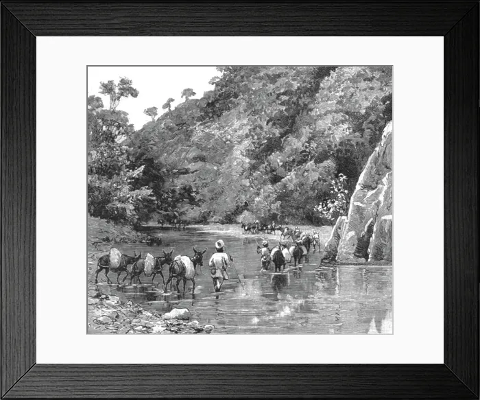 Framed Print : With the Chin-Lushai Expeditionary Force; A Mule Convoy crossing the Loung-Gut-Choung Stream, 189 Creator: Unknown Framed Print : With the Chin-Lushai Expeditionary Force; A Mule Convoy crossing the Loung-Gut-Choung Stream, 189 Creator: Unknown
