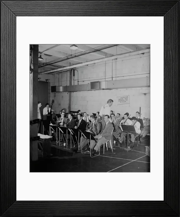 Framed Print : Portrait of Stan Kenton, Pete Rugolo, Eddie Safranski, Shelly Manne...N.Y.(?), ca. Jan. 1947. Creator: William Paul Gottlieb Framed Print : Portrait of Stan Kenton, Pete Rugolo, Eddie Safranski, Shelly Manne...N.Y.(?), ca. Jan. 1947. Creator: William Paul Gottlieb