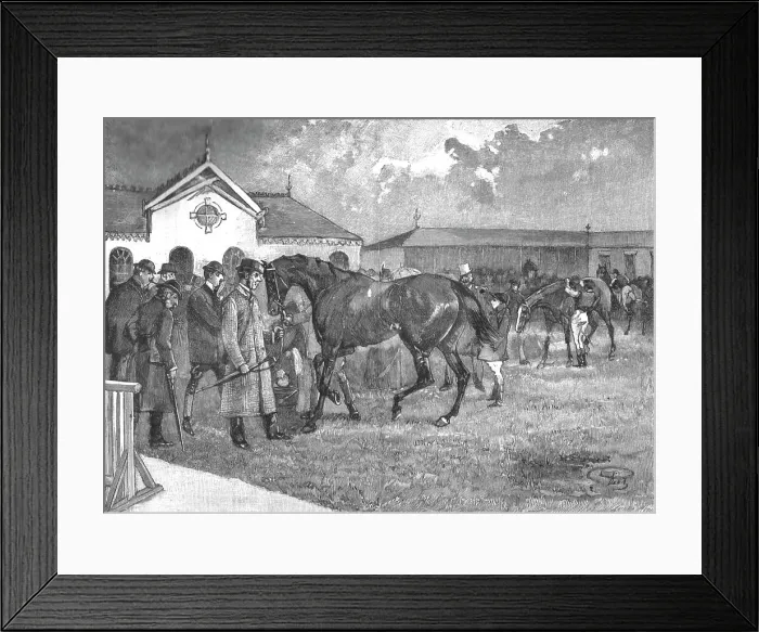 Framed Print : The Racing Season- Notes at Newmarket; Inspecting the Favourite, 1890. Creator: Unknown Framed Print : The Racing Season- Notes at Newmarket; Inspecting the Favourite, 1890. Creator: Unknown