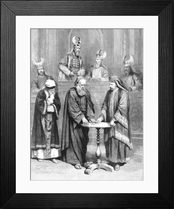 Framed Print : The Passion Play at Oberammergau; Judas taking the Thirty Pieces of Silver, 1890. Creator: Unknown Framed Print : The Passion Play at Oberammergau; Judas taking the Thirty Pieces of Silver, 1890. Creator: Unknown