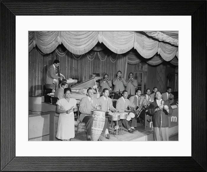 Framed Print : Portrait of Machito, Jose Mangual, Carlos Vidal(?), Mario Bouza...Glen Island Casino, N.Y. 1947. Creator: William Paul Gottlieb Framed Print : Portrait of Machito, Jose Mangual, Carlos Vidal(?), Mario Bouza...Glen Island Casino, N.Y. 1947. Creator: William Paul Gottlieb