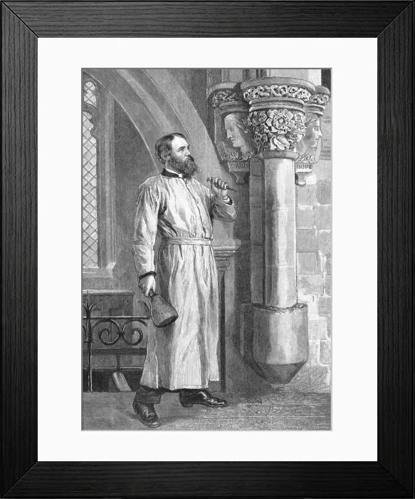 Framed Print : A Vicar his own Mason --The Rev. F.W. Ragg helping in the Restoration of his Church at Marsworth Creator: Unknown. A Vicar his own Mason --The Rev. F.W. Ragg helping in the Restoration of his Church at Marsworth Creator: Unknown