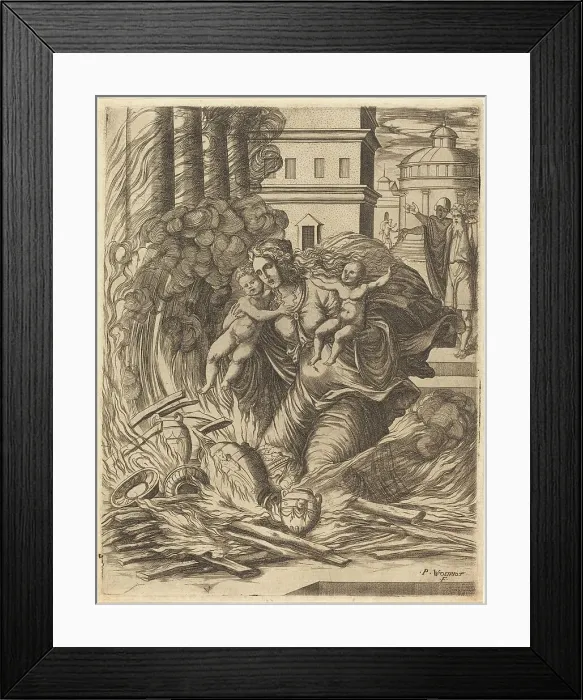Framed Print : The Wife of Hasdrubal Throws Herself on the Fire. Creator: Pierre Woeiriot Framed Print : The Wife of Hasdrubal Throws Herself on the Fire. Creator: Pierre Woeiriot