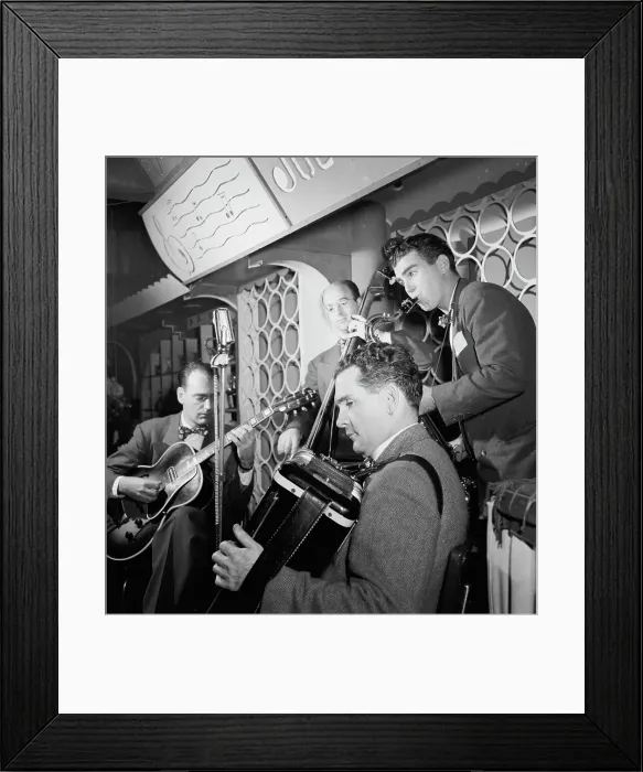 Framed Print : Portrait of Joe Mooney, Gaeton (Gate) Frega, and Andy Fitzgerald, Dixon's Steak House(?), N.Y. 1946 Creator: William Paul Gottlieb Framed Print : Portrait of Joe Mooney, Gaeton (Gate) Frega, and Andy Fitzgerald, Dixon's Steak House(?), N.Y. 1946 Creator: William Paul Gottlieb