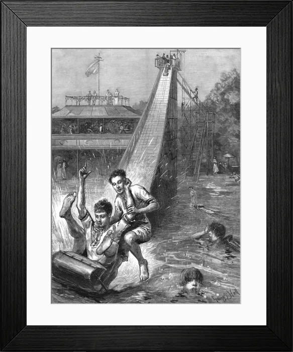 Framed Print : Water - Tobogganing- A novel Amusement; after Sydney P. Hall, 1890. Creator: Unknown Framed Print : Water - Tobogganing- A novel Amusement; after Sydney P. Hall, 1890. Creator: Unknown