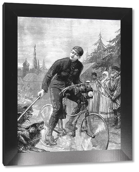 Lieutenant George Martos Riding a Bicycle from St. Petersburg to Paris and being Attacked by Dogs Creator: Unknown