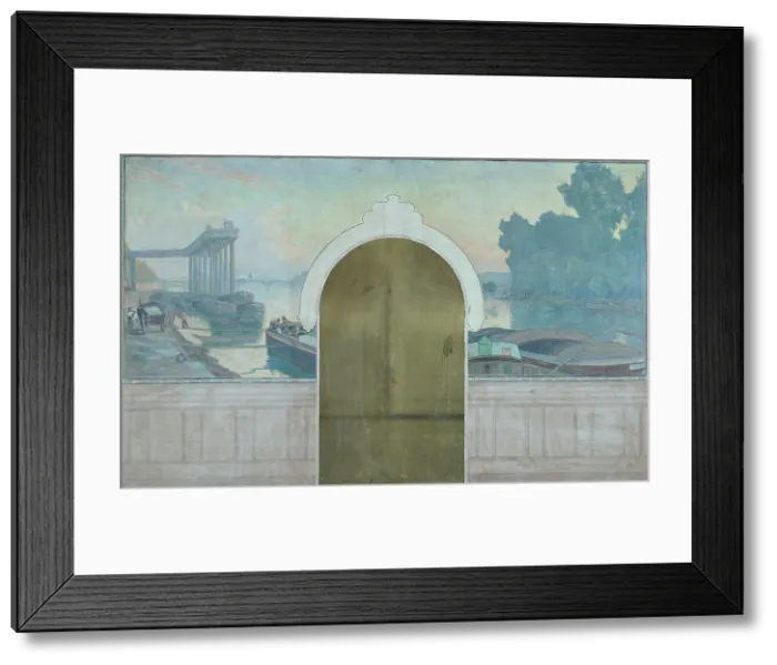 Framed Print : Esquisse pour la salle de mariages de la mairie d'Asnières : Paysage. Péniches sur la... c.1900. Creator: Henri Marius-Camille Bouvet Framed Print : Esquisse pour la salle de mariages de la mairie d'Asnières : Paysage. Péniches sur la... c.1900. Creator: Henri Marius-Camille Bouvet