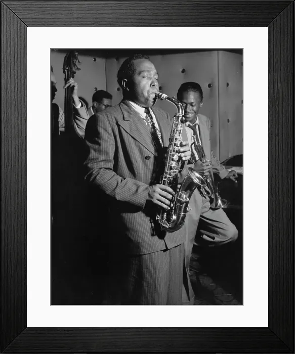 Framed Print : Portrait of Charlie Parker, Tommy Potter, Miles Davis, and Max Roach, Three Deuces, N.Y. 1947. Creator: William Paul Gottlieb
