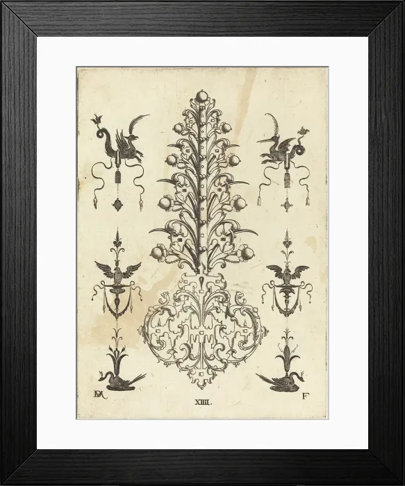 Framed Print : Hyacinth-Shaped Brooch with Winged Animals at Top and Crouching Swans at Bottom, 1596. Creator: Daniel Mignot Framed Print : Hyacinth-Shaped Brooch with Winged Animals at Top and Crouching Swans at Bottom, 1596. Creator: Daniel Mignot