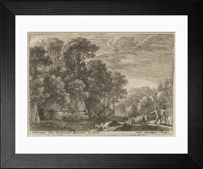 Framed Print : Two Satyrs Tending a Flock of Goats. Creator: Herman van Swanevelt Framed Print : Two Satyrs Tending a Flock of Goats. Creator: Herman van Swanevelt