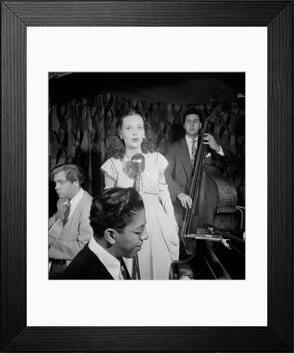 Framed Print : Portrait of Deryk Sampson, Lynn Carver, Justin Arndt, and Clair Dorward, Famous Door, N.Y. 1947. Creator: William Paul Gottlieb Framed Print : Portrait of Deryk Sampson, Lynn Carver, Justin Arndt, and Clair Dorward, Famous Door, N.Y. 1947. Creator: William Paul Gottlieb