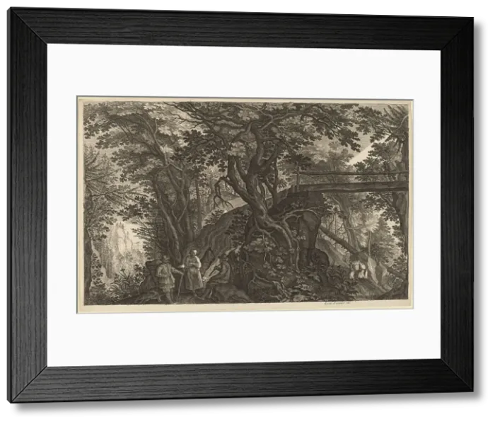 Framed Print : Forest Landscape with Two Men and a Woman Resting near a Bridge. Creator: Aegidius Sadeler II Framed Print : Forest Landscape with Two Men and a Woman Resting near a Bridge. Creator: Aegidius Sadeler II