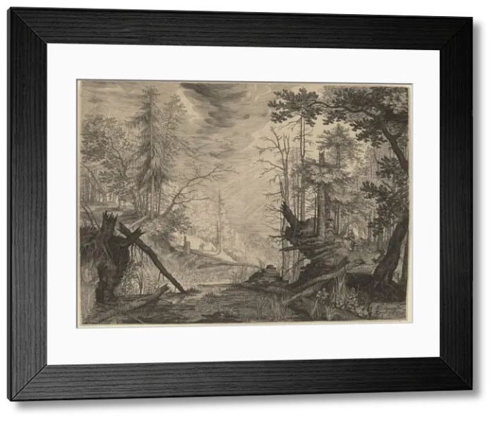 Framed Print : Three Hunters and Two Dogs near a Pool, 1609. Creator: Aegidius Sadeler II Framed Print : Three Hunters and Two Dogs near a Pool, 1609. Creator: Aegidius Sadeler II