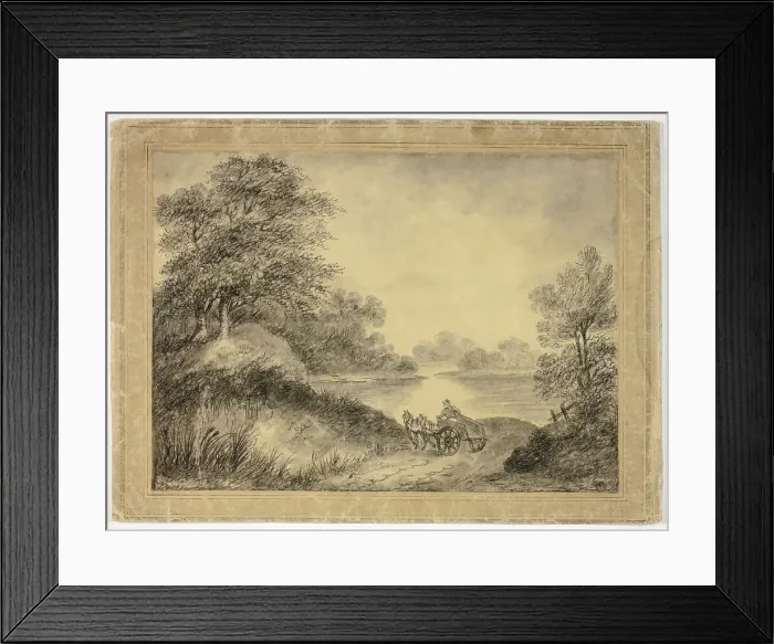 Framed Print : Man in Horse-Drawn Cart Beside Lake, n.d. Creator: Unknown
