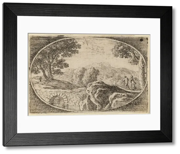 Framed Print : Two Figures near a Small Stone Bridge. Creator: Herman van Swanevelt Framed Print : Two Figures near a Small Stone Bridge. Creator: Herman van Swanevelt