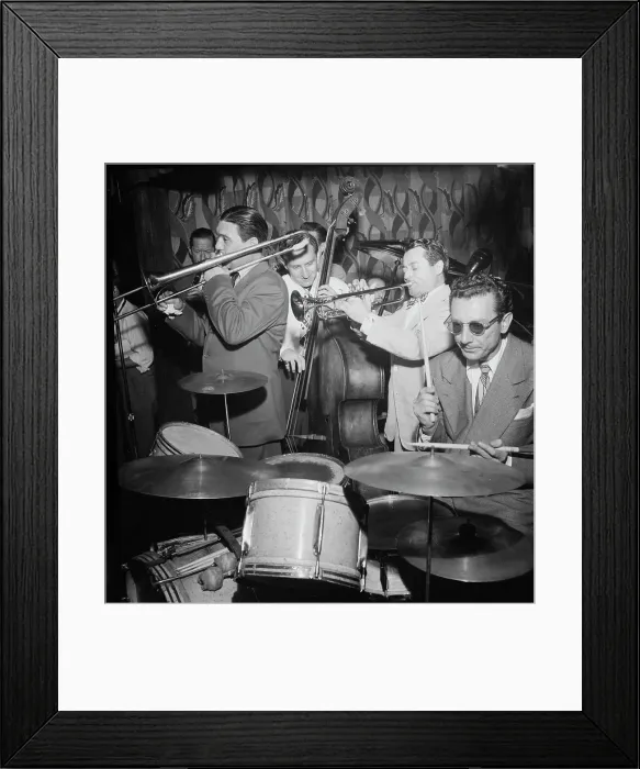 Framed Print : Portrait of Jack Teagarden, Jack Lesberg, and Max Kaminsky, Famous Door, New York, N.Y. 1947. Creator: William Paul Gottlieb