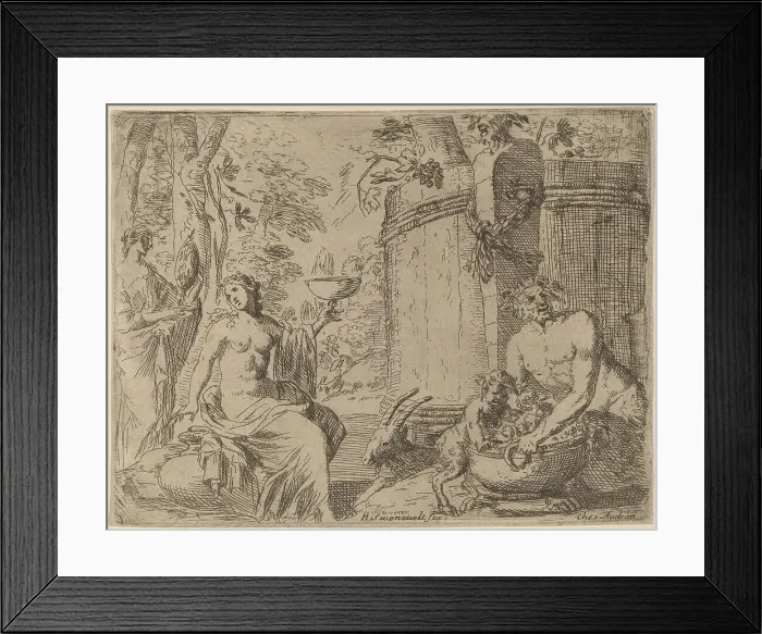 Framed Print : Two Nymphs and a Satyr before a Large Vat. Creator: Herman van Swanevelt Framed Print : Two Nymphs and a Satyr before a Large Vat. Creator: Herman van Swanevelt
