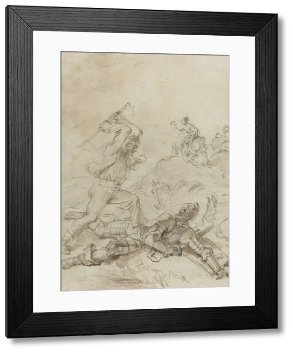 Framed Print : The Muleteer Attacking Don Quixote as He Lies Helpless on the Ground, 1780s. Creator: Jean-Honore Fragonard Framed Print : The Muleteer Attacking Don Quixote as He Lies Helpless on the Ground, 1780s. Creator: Jean-Honore Fragonard