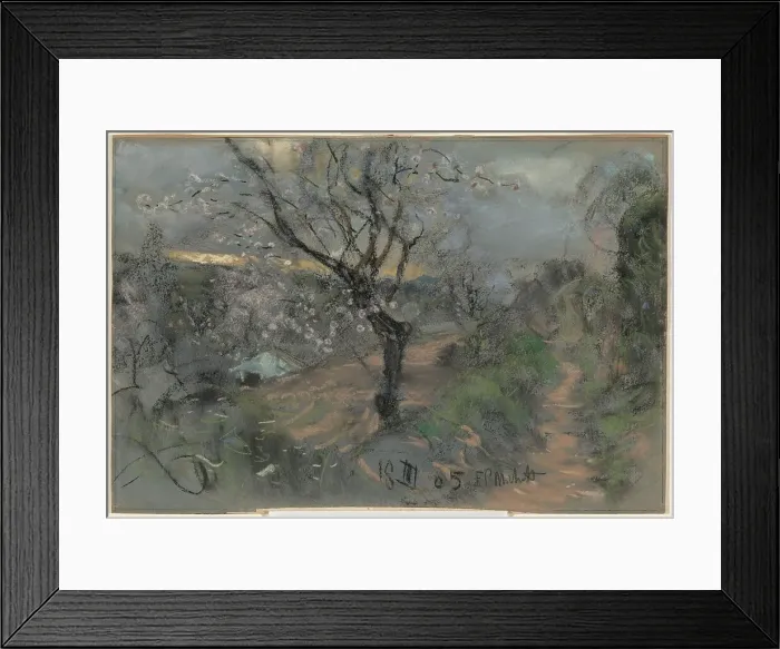 Framed Print : A Hillside Path with Blooming Cherry Trees under an Overcast Sky, 1905. Creator: Francesco Paolo Michetti Framed Print : A Hillside Path with Blooming Cherry Trees under an Overcast Sky, 1905. Creator: Francesco Paolo Michetti