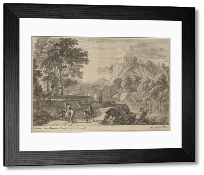 Framed Print : Travelers on Road to Left of a Stream. Creator: Herman van Swanevelt Framed Print : Travelers on Road to Left of a Stream. Creator: Herman van Swanevelt