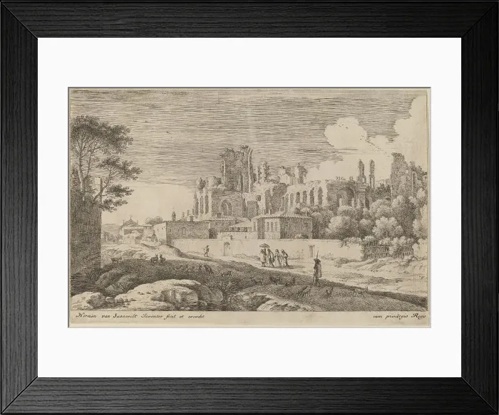 Framed Print : Landscape with Ruins and a Woman with a Parasol. Creator: Herman van Swanevelt Framed Print : Landscape with Ruins and a Woman with a Parasol. Creator: Herman van Swanevelt