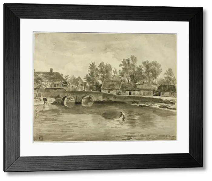 Framed Print : Man Fishing in River Near Village, 1832. Creator: Jan Baptiste de Jonghe Framed Print : Man Fishing in River Near Village, 1832. Creator: Jan Baptiste de Jonghe