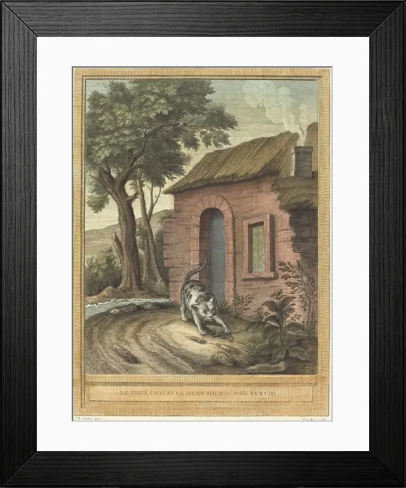 Framed Print : Le vieux chat et la jeune Souris (The Old Catand the Young Mouse), published 1759. Creator: Johann Christoph Teucher Framed Print : Le vieux chat et la jeune Souris (The Old Catand the Young Mouse), published 1759. Creator: Johann Christoph Teucher