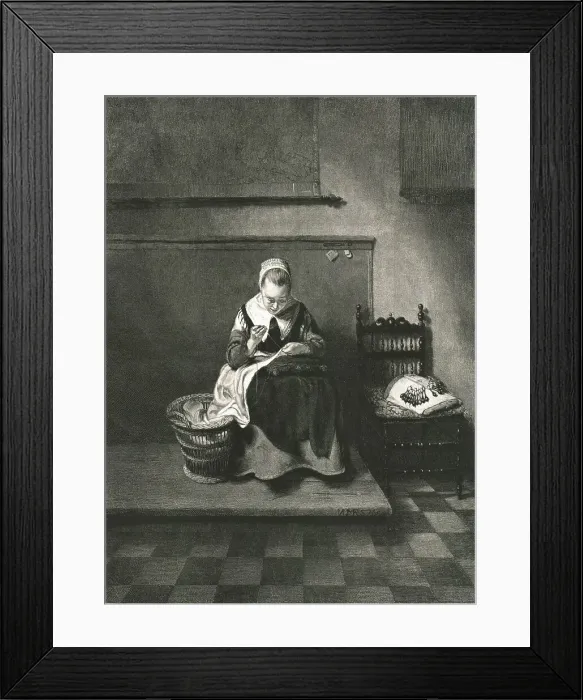 Framed Print : A Women Sewing after Nicholas Maes, 1890. Creator: Unknown. A Women Sewing after Nicholas Maes, 1890. Creator: Unknown