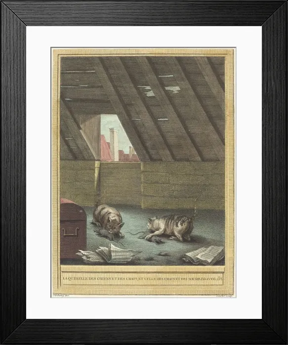 Framed Print : La querelle des chiens et des chats et celle des chats et des souris (The Quarrel of Cats...pub.1759 Creator: Johann Christoph Teucher) Framed Print : La querelle des chiens et des chats et celle des chats et des souris (The Quarrel of Cats...pub.1759 Creator: Johann Christoph Teucher)